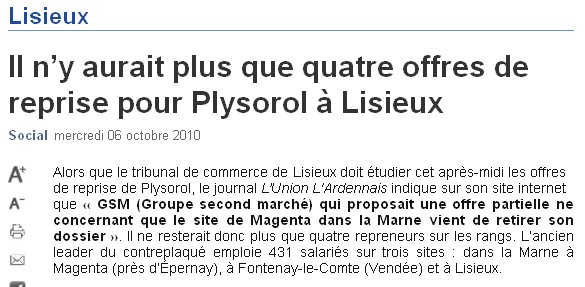 Ouest France Lisieux | Article du 06/10/2010 | Il n’y aurait plus que quatre offres de reprise pour Plysorol à Lisieux