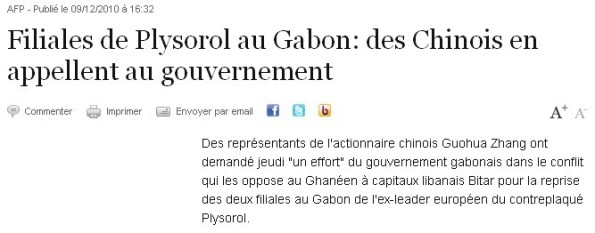 Lepoint.fr | Article du 09/12/2010 | Filiales de Plysorol au Gabon: des Chinois en appellent au gouvernement